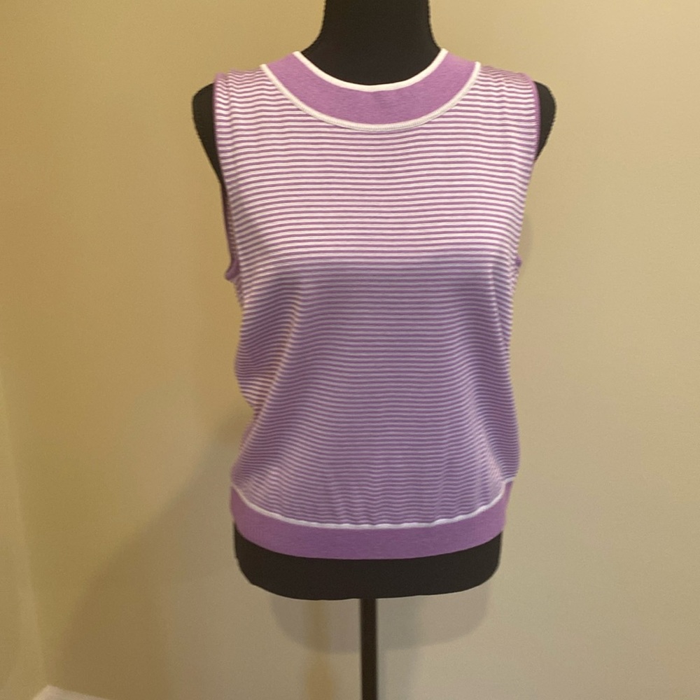 St John knit sleeveless top size M. NWT Lilac (“wisteria”) with cream stripes